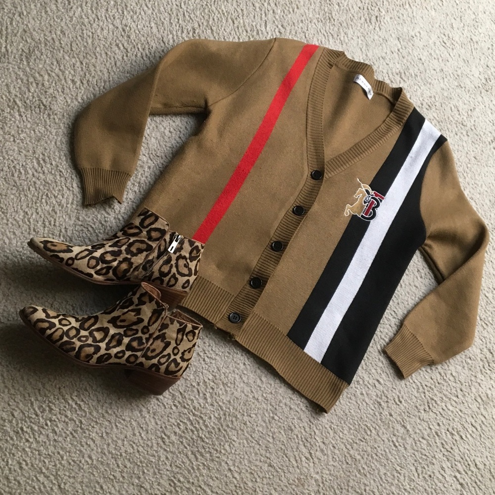 Burberry Tan Cardigan with Red, Black & White Stripes